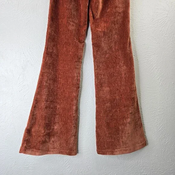 Velour Flare Pant XS Brown High Waist Pull on Stretchy Pintuck Trouser Retro 70s - Picture 10 of 12